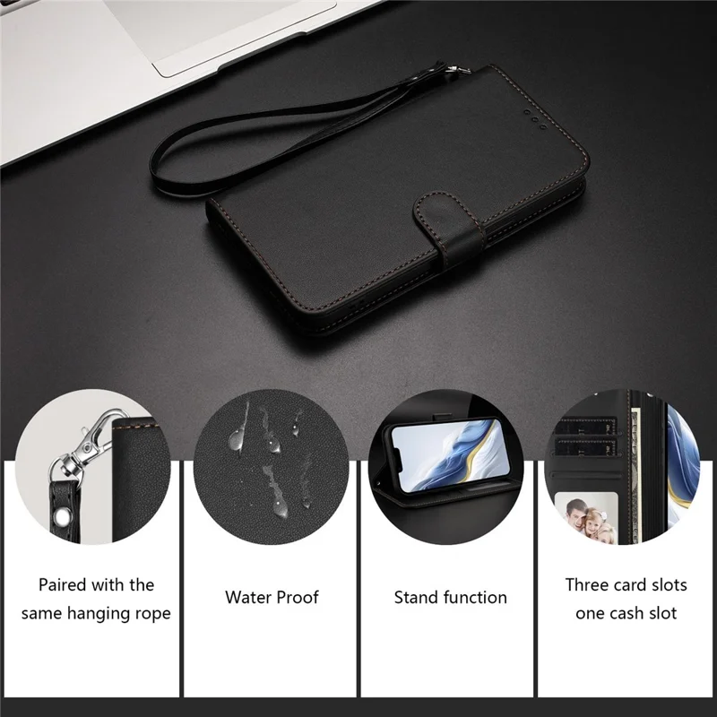 For Xiaomi Redmi Note 14 4G (163.25x76.55x8.16mm) Leather Case Wallet Stand Phone Cover with Wrist Strap - Black-Cellmalls