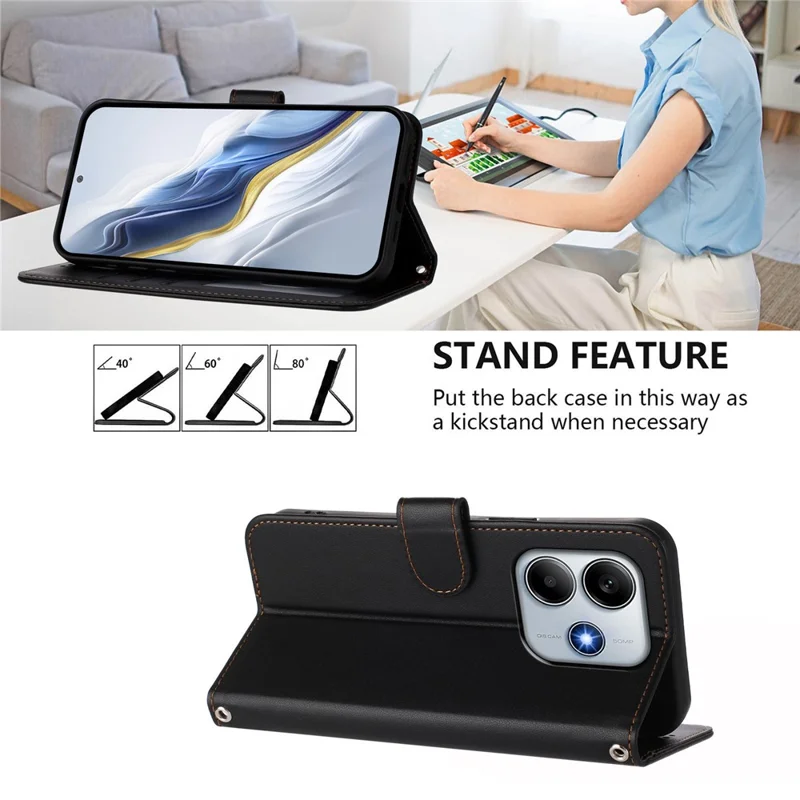 For Xiaomi Redmi Note 14 4G (163.25x76.55x8.16mm) Leather Case Wallet Stand Phone Cover with Wrist Strap - Black-Cellmalls