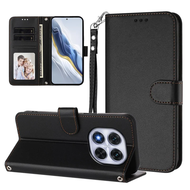 For Xiaomi Redmi Note 14 Pro 4G Leather Case Wallet Stand Phone Cover with Wrist Strap - Black-Cellmalls