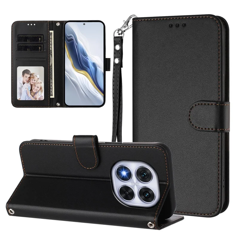 For Xiaomi Redmi Note 14 Pro+ 5G / Xiaomi Poco X7 5G / Xiaomi Redmi Note 14 Pro 5G Leather Case Wallet Stand Phone Cover with Wrist Strap - Black-Cellmalls