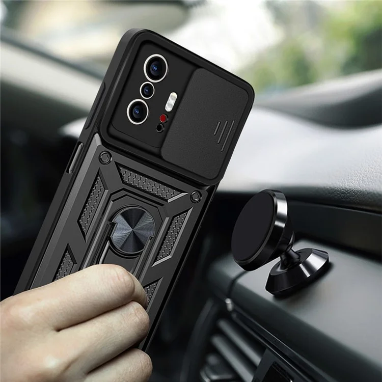 Camera Slide Cover Ring Holder Kickstand PC + TPU Phone Shell Case for Xiaomi 11T/11T Pro - Black-Cellmalls