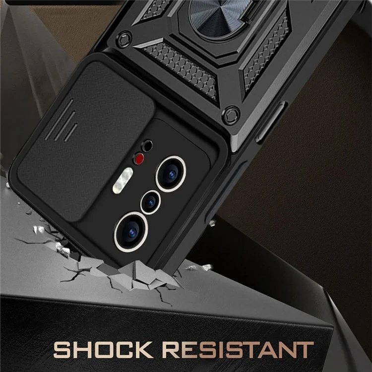 Camera Slide Cover Ring Holder Kickstand PC + TPU Phone Shell Case for Xiaomi 11T/11T Pro - Black-Cellmalls