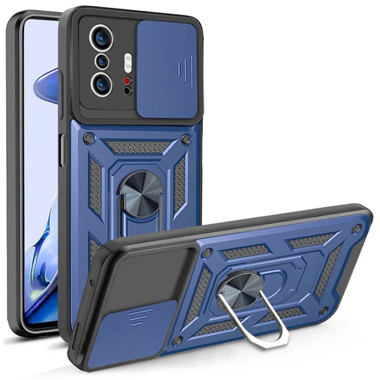 Camera Slide Cover Ring Holder Kickstand PC + TPU Phone Shell Case for Xiaomi 11T/11T Pro - Black-Cellmalls
