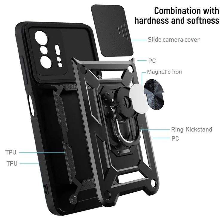 Camera Slide Cover Ring Holder Kickstand PC + TPU Phone Shell Case for Xiaomi 11T/11T Pro - Black-Cellmalls