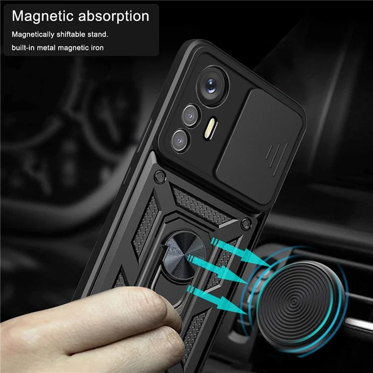 For Xiaomi 12 Lite 5G Slide Camera Protection Phone Case Kickstand PC + TPU Hybrid Mobile Phone Cover - Black-Cellmalls