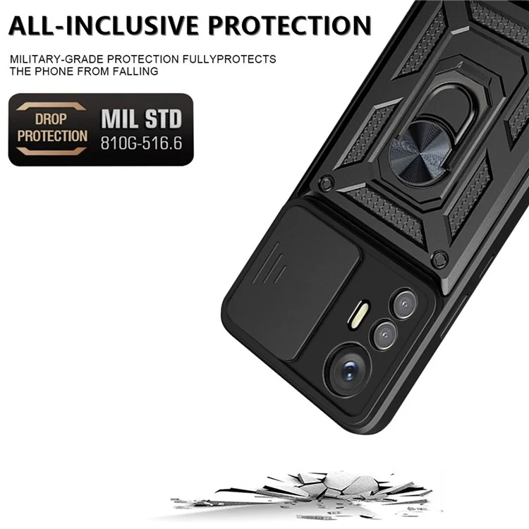 For Xiaomi 12 Lite 5G Slide Camera Protection Phone Case Kickstand PC + TPU Hybrid Mobile Phone Cover - Black-Cellmalls