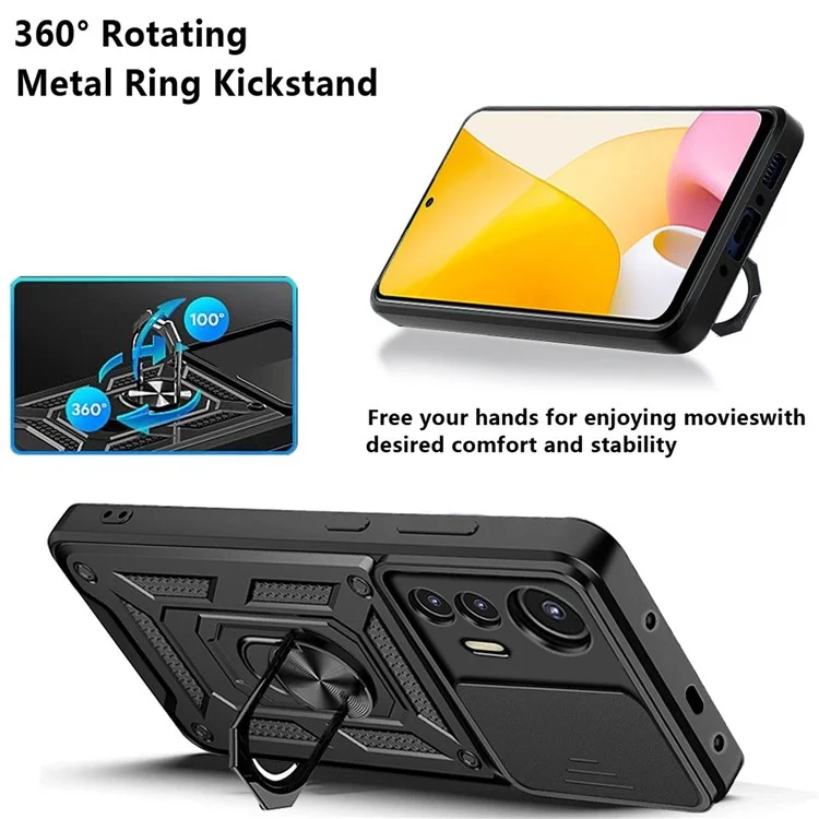 For Xiaomi 12 Lite 5G Slide Camera Protection Phone Case Kickstand PC + TPU Hybrid Mobile Phone Cover - Black-Cellmalls