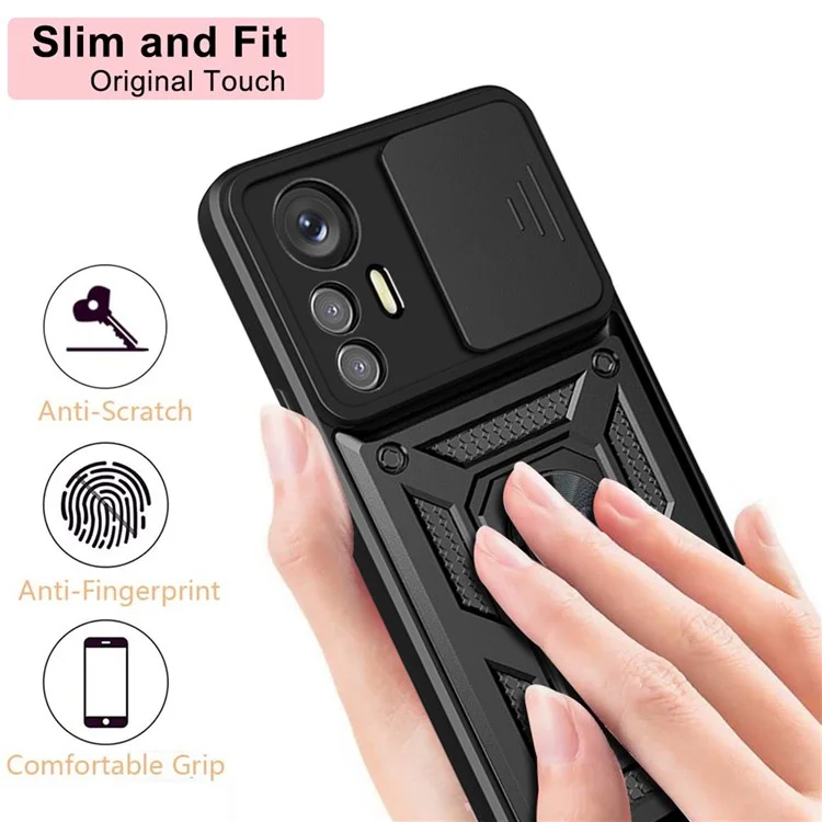 For Xiaomi 12 Lite 5G Slide Camera Protection Phone Case Kickstand PC + TPU Hybrid Mobile Phone Cover - Black-Cellmalls