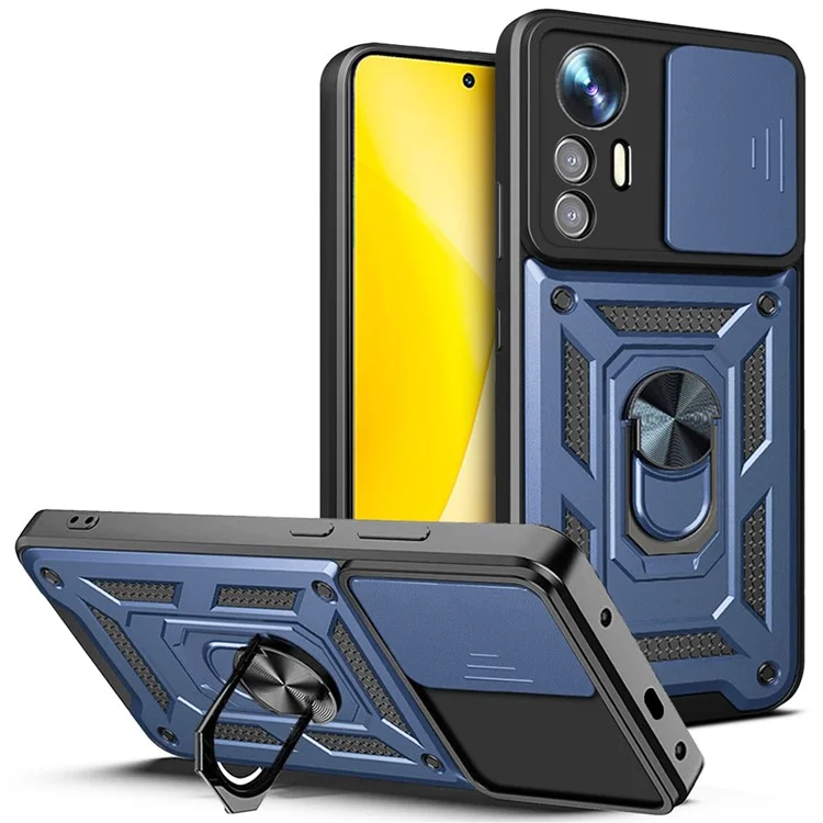 For Xiaomi 12 Lite 5G Slide Camera Protection Phone Case Kickstand PC + TPU Hybrid Mobile Phone Cover - Black-Cellmalls