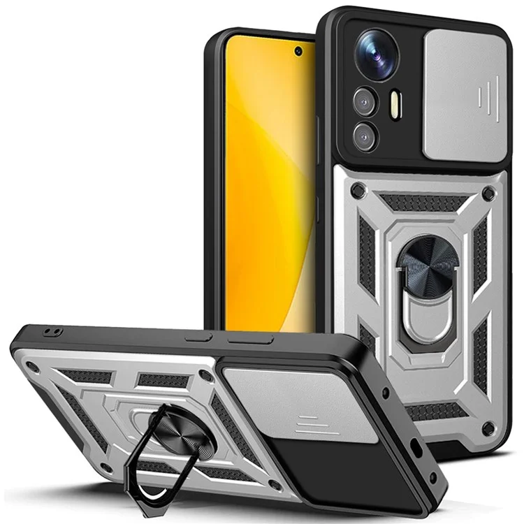 For Xiaomi 12 Lite 5G Slide Camera Protection Phone Case Kickstand PC + TPU Hybrid Mobile Phone Cover - Black-Cellmalls
