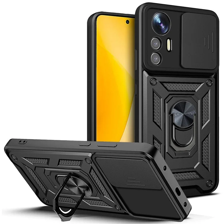 For Xiaomi 12 Lite 5G Slide Camera Protection Phone Case Kickstand PC + TPU Hybrid Mobile Phone Cover - Black-Cellmalls