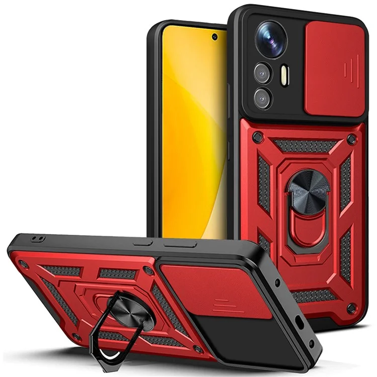 For Xiaomi 12 Lite 5G Slide Camera Protection Phone Case Kickstand PC + TPU Hybrid Mobile Phone Cover - Black-Cellmalls