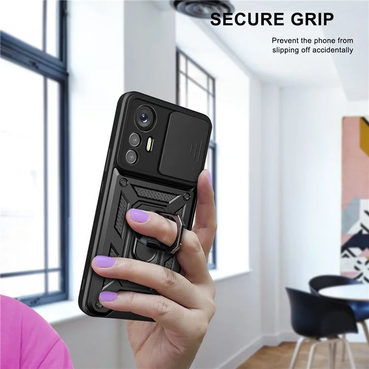 For Xiaomi 12 Lite 5G Slide Camera Protection Phone Case Kickstand PC + TPU Hybrid Mobile Phone Cover - Black-Cellmalls