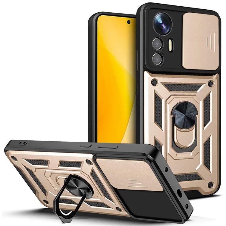 For Xiaomi 12 Lite 5G Slide Camera Protection Phone Case Kickstand PC + TPU Hybrid Mobile Phone Cover - Black-Cellmalls
