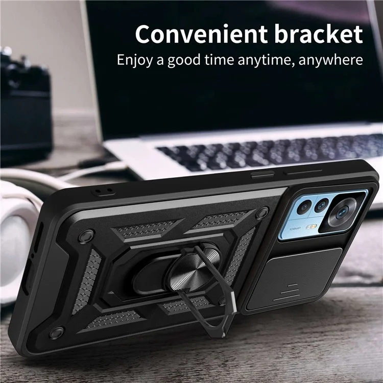 Phone Case for Xiaomi 12T 5G / Redmi K50 Ultra 5G, Shockproof Ring Kickstand PC + TPU Protective Back Cover with Slide Camera Protector - Black-Cellmalls