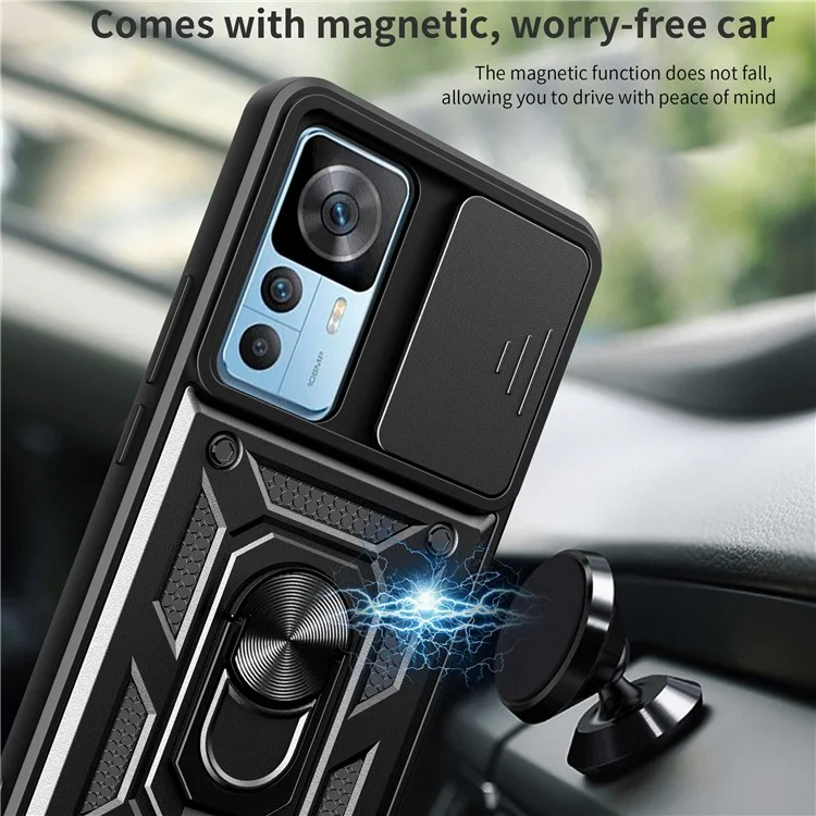 Phone Case for Xiaomi 12T 5G / Redmi K50 Ultra 5G, Shockproof Ring Kickstand PC + TPU Protective Back Cover with Slide Camera Protector - Black-Cellmalls