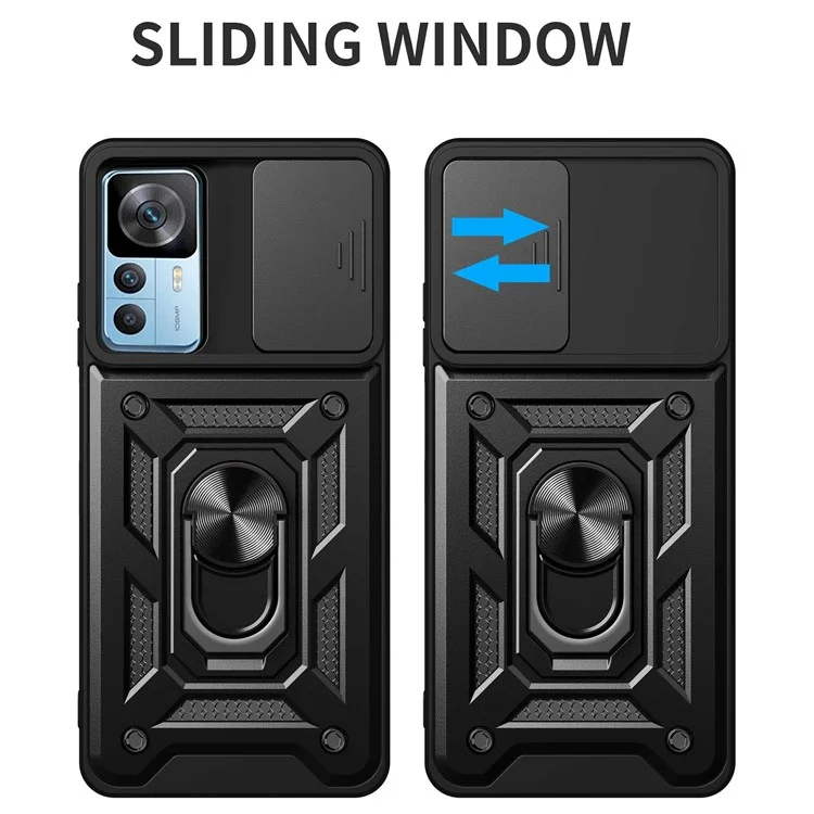 Phone Case for Xiaomi 12T 5G / Redmi K50 Ultra 5G, Shockproof Ring Kickstand PC + TPU Protective Back Cover with Slide Camera Protector - Black-Cellmalls