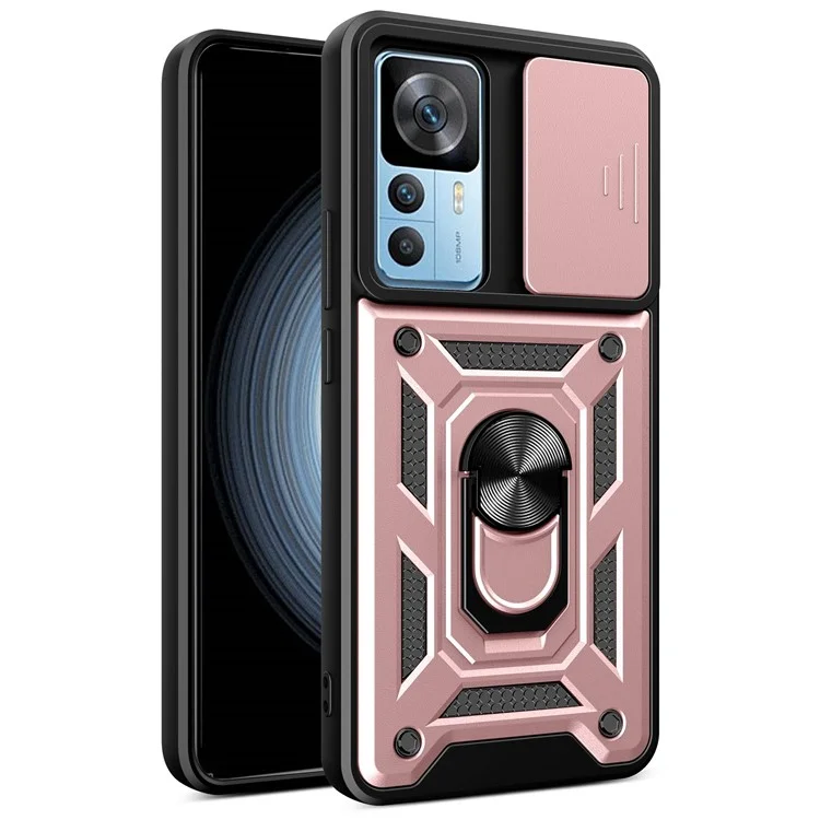 Phone Case for Xiaomi 12T 5G / Redmi K50 Ultra 5G, Shockproof Ring Kickstand PC + TPU Protective Back Cover with Slide Camera Protector - Black-Cellmalls