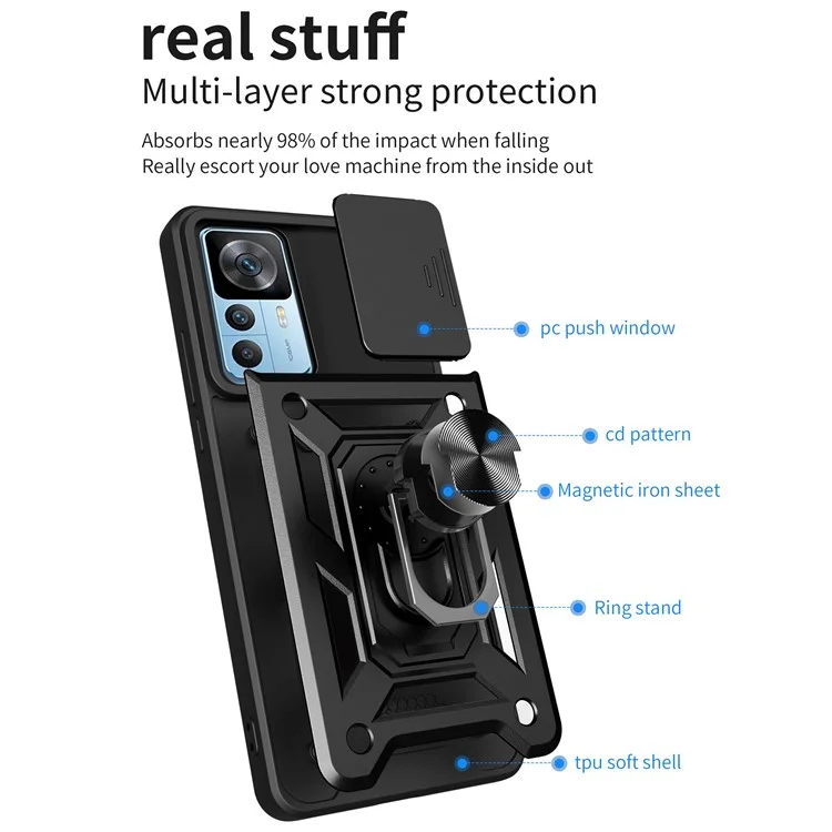 Phone Case for Xiaomi 12T 5G / Redmi K50 Ultra 5G, Shockproof Ring Kickstand PC + TPU Protective Back Cover with Slide Camera Protector - Black-Cellmalls