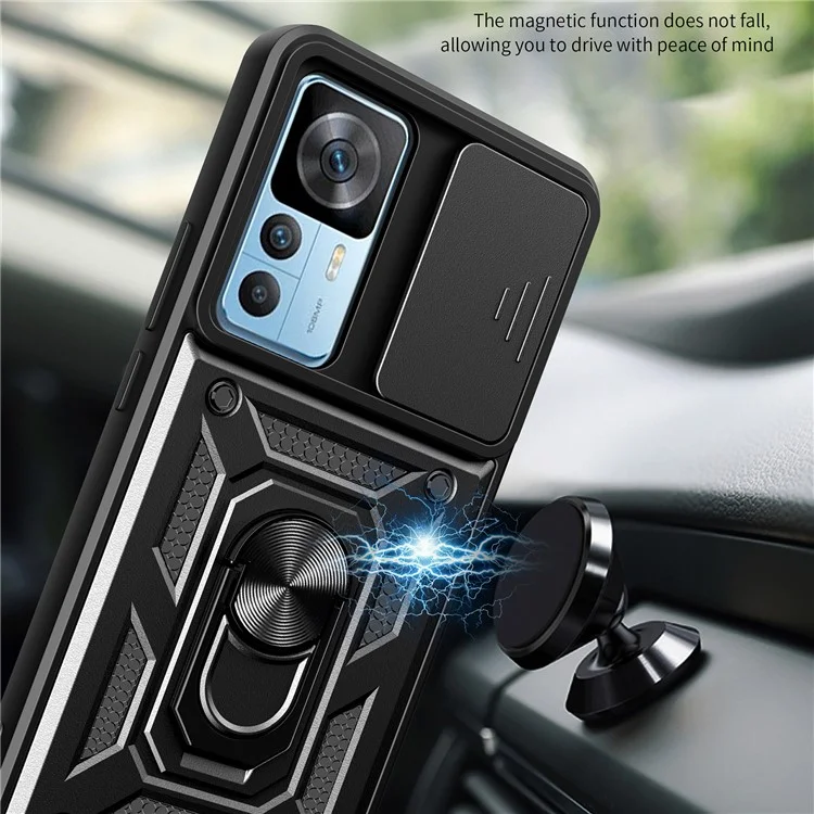 For Xiaomi 12T Pro 5G Phone Case Hands-free Ring Holder Kickstand PC + TPU Protective Back Cover with Slide Camera Protector - Black-Cellmalls