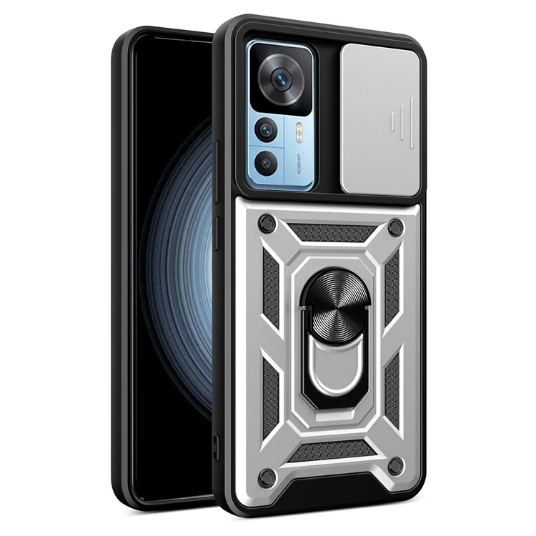 For Xiaomi 12T Pro 5G Phone Case Hands-free Ring Holder Kickstand PC + TPU Protective Back Cover with Slide Camera Protector - Black-Cellmalls