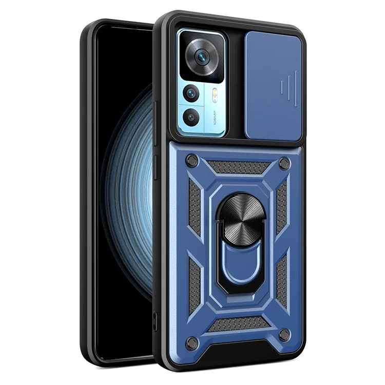 For Xiaomi 12T Pro 5G Phone Case Hands-free Ring Holder Kickstand PC + TPU Protective Back Cover with Slide Camera Protector - Black-Cellmalls