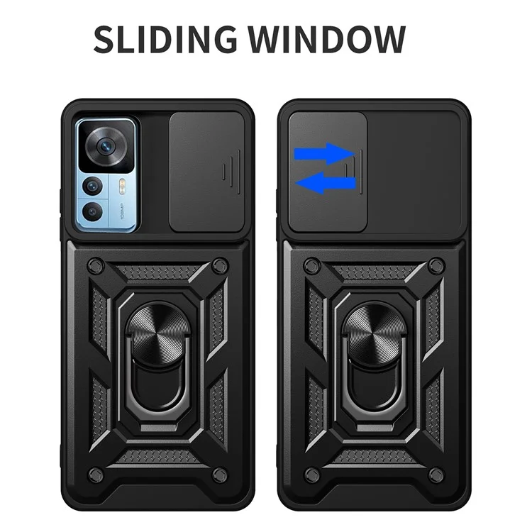 For Xiaomi 12T Pro 5G Phone Case Hands-free Ring Holder Kickstand PC + TPU Protective Back Cover with Slide Camera Protector - Black-Cellmalls