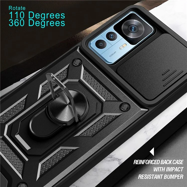 For Xiaomi 12T Pro 5G Phone Case Hands-free Ring Holder Kickstand PC + TPU Protective Back Cover with Slide Camera Protector - Black-Cellmalls