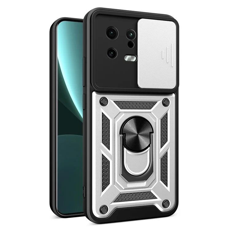 For Xiaomi 13 5G Ring Holder Kickstand PC + TPU Hybrid Case Anti-drop Phone Cover with Slide Camera Protection - Black-Cellmalls