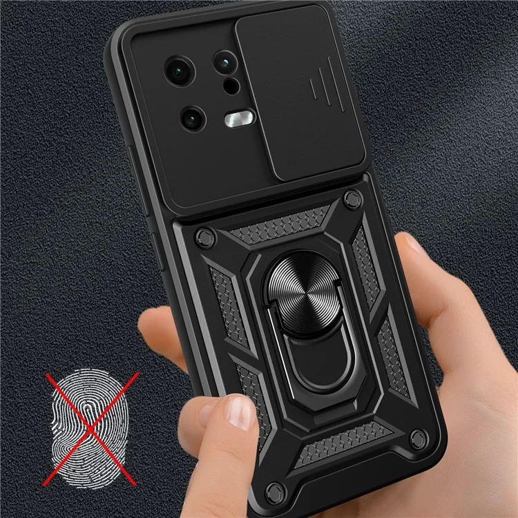 For Xiaomi 13 5G Ring Holder Kickstand PC + TPU Hybrid Case Anti-drop Phone Cover with Slide Camera Protection - Black-Cellmalls