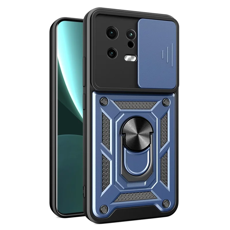 For Xiaomi 13 5G Ring Holder Kickstand PC + TPU Hybrid Case Anti-drop Phone Cover with Slide Camera Protection - Black-Cellmalls