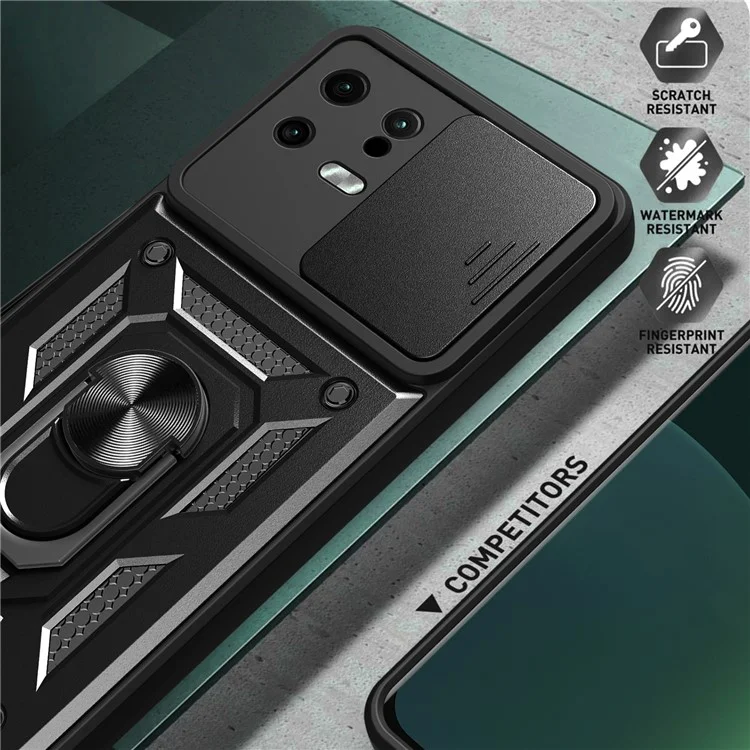 For Xiaomi 13 5G Ring Holder Kickstand PC + TPU Hybrid Case Anti-drop Phone Cover with Slide Camera Protection - Black-Cellmalls