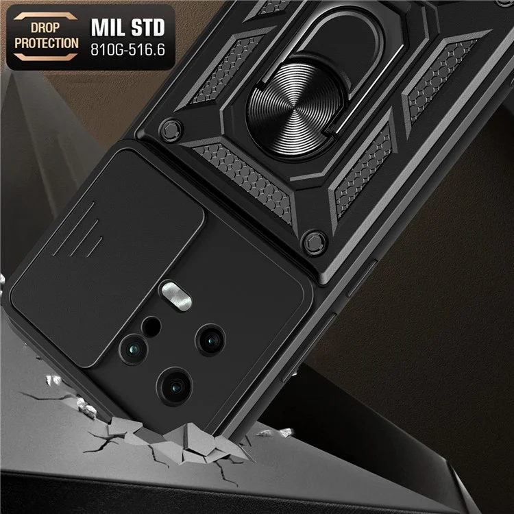 For Xiaomi 13 5G Ring Holder Kickstand PC + TPU Hybrid Case Anti-drop Phone Cover with Slide Camera Protection - Black-Cellmalls