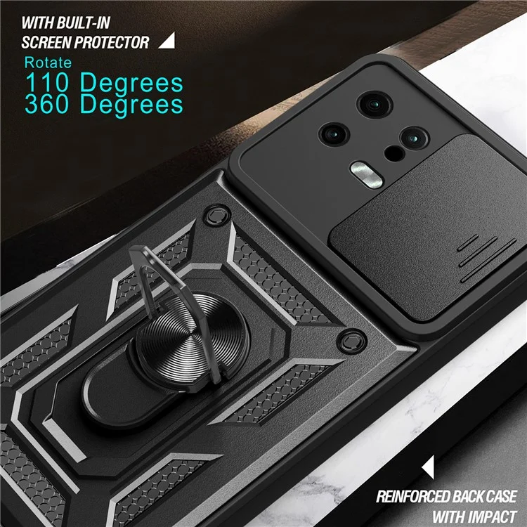 For Xiaomi 13 5G Ring Holder Kickstand PC + TPU Hybrid Case Anti-drop Phone Cover with Slide Camera Protection - Black-Cellmalls