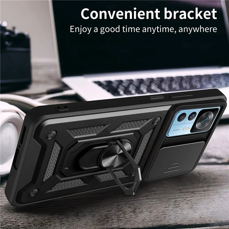 For Xiaomi 12T Pro 5G Phone Case Hands-free Ring Holder Kickstand PC + TPU Protective Back Cover with Slide Camera Protector - Black-Cellmalls