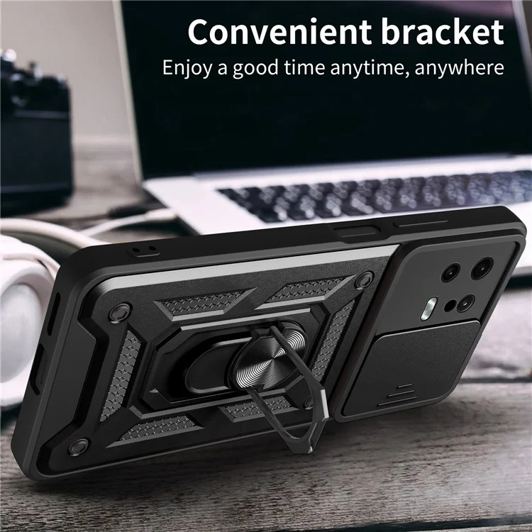 For Xiaomi 13 5G Ring Holder Kickstand PC + TPU Hybrid Case Anti-drop Phone Cover with Slide Camera Protection - Black-Cellmalls