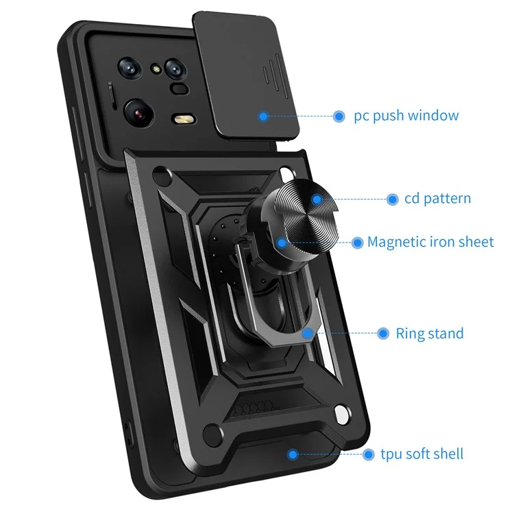 For Xiaomi 13 Pro 5G Ring Holder Kickstand Phone Case PC + TPU Slide Camera Protector Back Cover - Black-Cellmalls