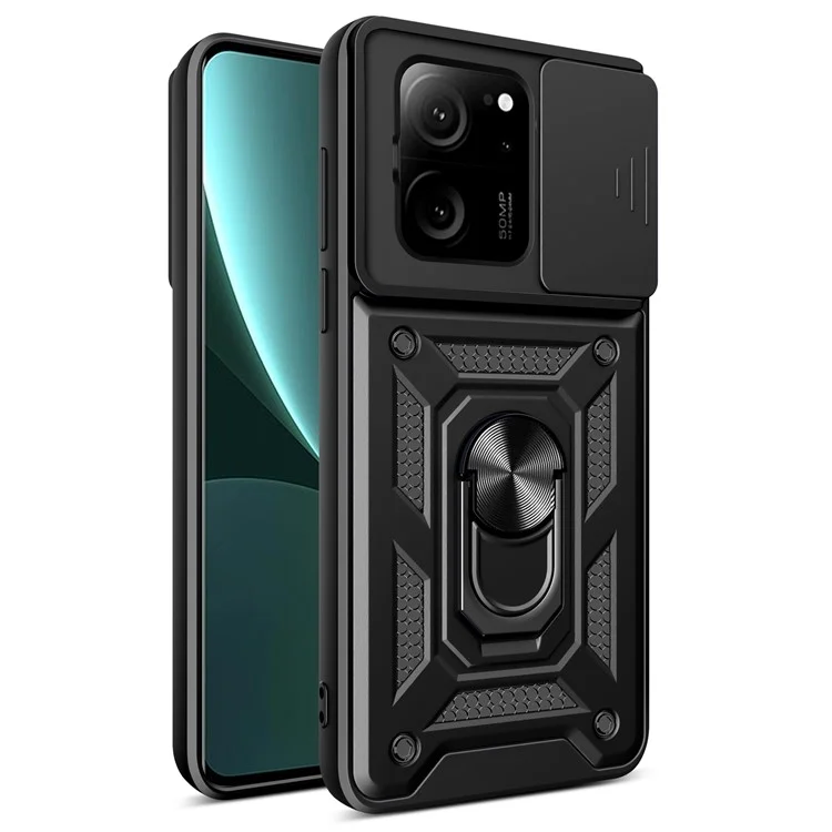 For Xiaomi Redmi K60 Ultra / 13T /  13T Pro Case PC+TPU Kickstand Phone Cover + Slide Lens Protection - Black-Cellmalls