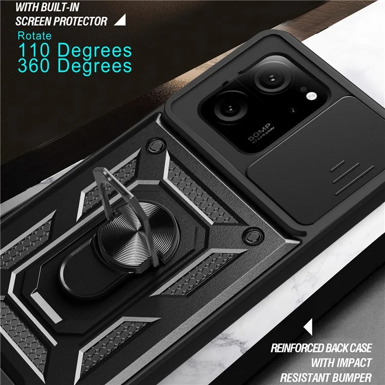 For Xiaomi Redmi K60 Ultra / 13T /  13T Pro Case PC+TPU Kickstand Phone Cover + Slide Lens Protection - Black-Cellmalls