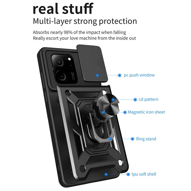 For Xiaomi Redmi K60 Ultra / 13T /  13T Pro Case PC+TPU Kickstand Phone Cover + Slide Lens Protection - Black-Cellmalls
