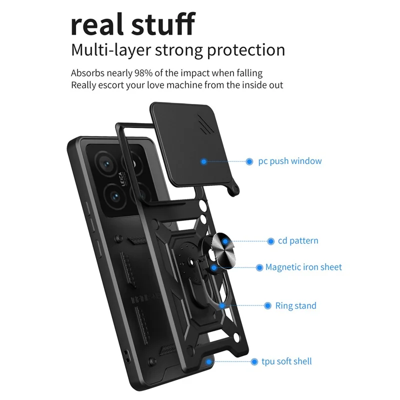 For Xiaomi 14T Case with Slide Camera Lid PC+TPU Kickstand Phone Cover - Black-Cellmalls