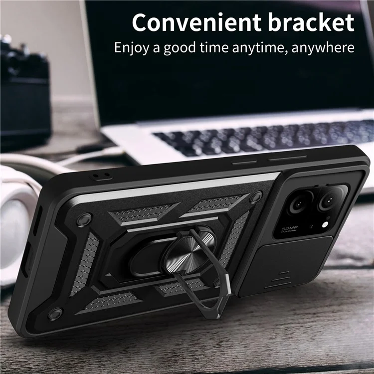 For Xiaomi Redmi K60 Ultra / 13T /  13T Pro Case PC+TPU Kickstand Phone Cover + Slide Lens Protection - Black-Cellmalls