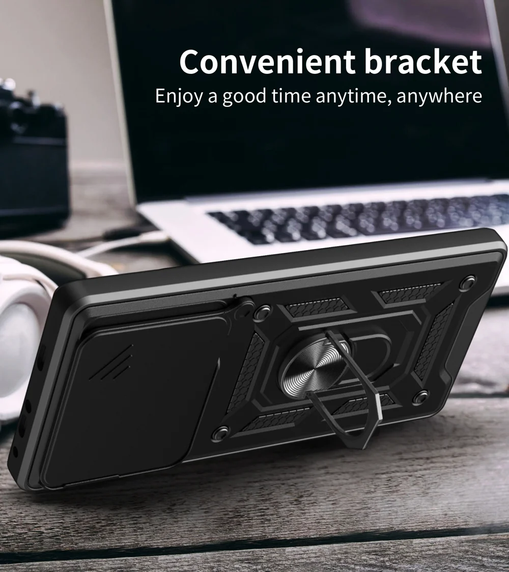 For Xiaomi 14T Pro Case with Slide Camera Lid PC+TPU Kickstand Phone Cover - Black-Cellmalls