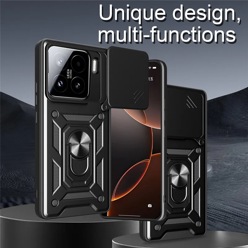 For Xiaomi 15 Case with Slide Camera Lid PC + TPU Kickstand Phone Cover - Black-Cellmalls