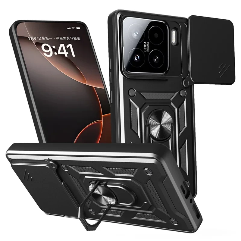 For Xiaomi 15 Case with Slide Camera Lid PC + TPU Kickstand Phone Cover - Black-Cellmalls