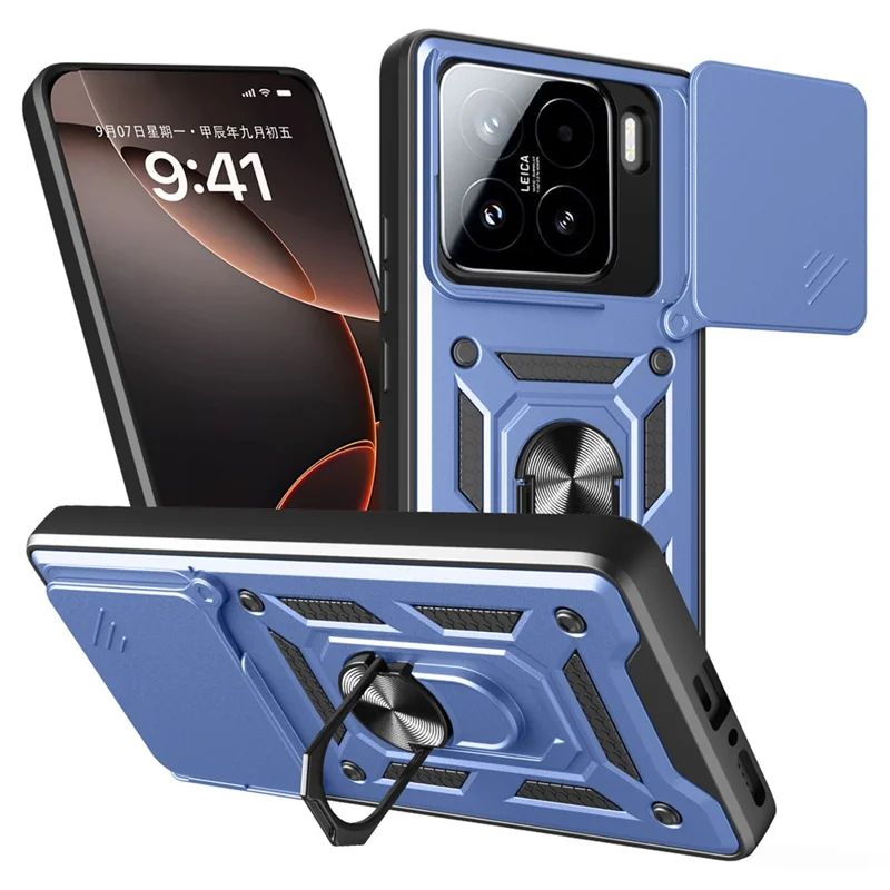 For Xiaomi 15 Case with Slide Camera Lid PC + TPU Kickstand Phone Cover - Black-Cellmalls