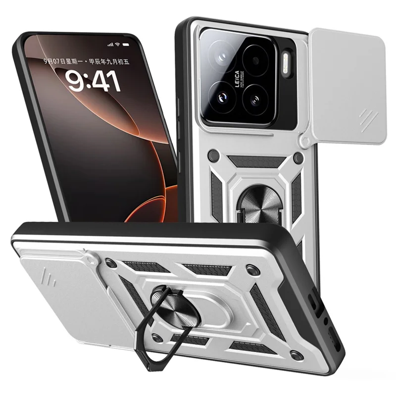 For Xiaomi 15 Case with Slide Camera Lid PC + TPU Kickstand Phone Cover - Black-Cellmalls
