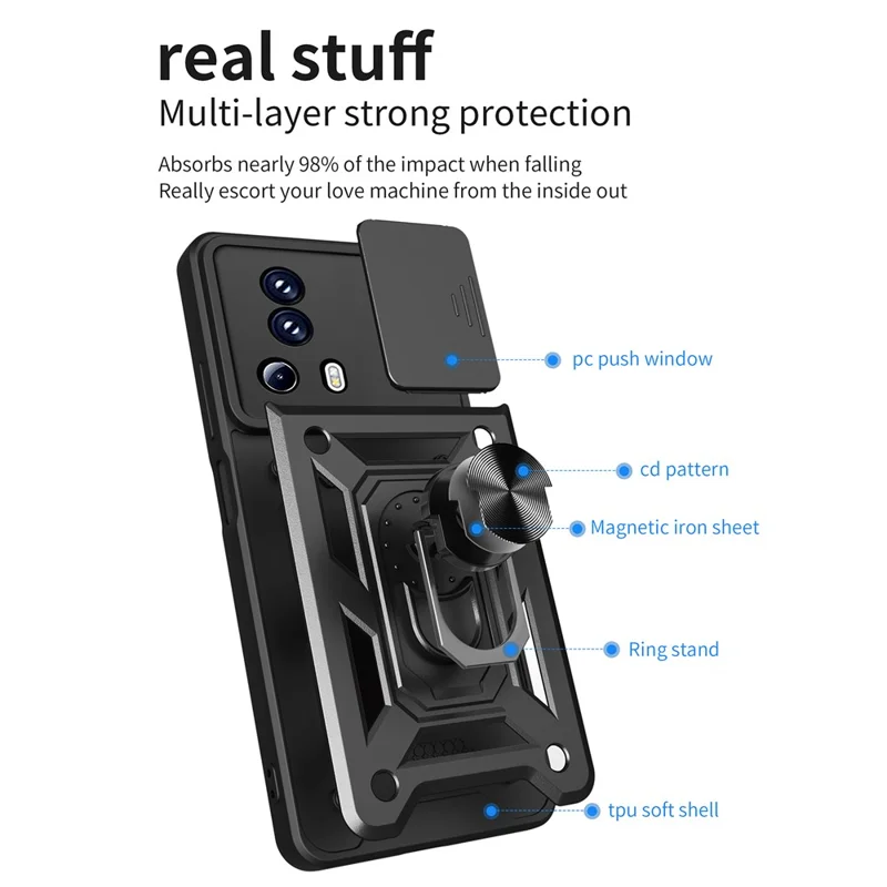 For Xiaomi 13 Lite / Civi 2 5G Kickstand PC+TPU Phone Case Slide Camera Lens Protection Phone Cover - Black-Cellmalls