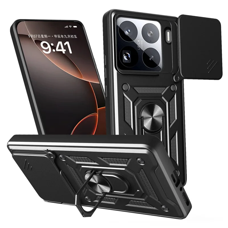 For Xiaomi 15 Pro Case with Slide Camera Lid PC + TPU Kickstand Phone Cover - Black-Cellmalls