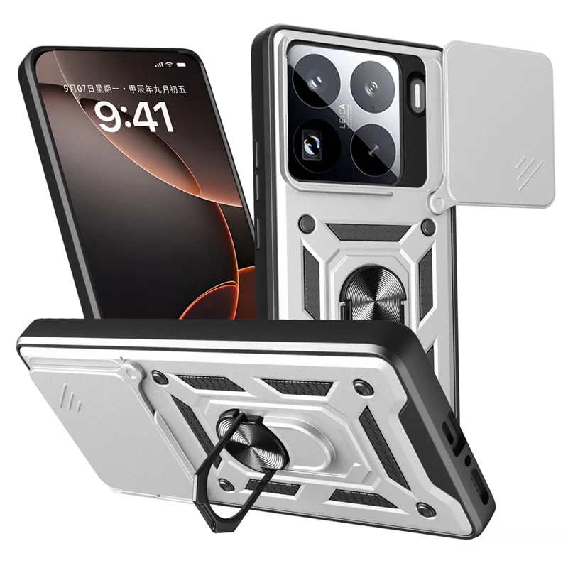 For Xiaomi 15 Pro Case with Slide Camera Lid PC + TPU Kickstand Phone Cover - Black-Cellmalls